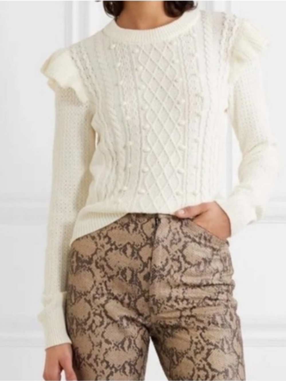 Veronica Beard Earl Ruffle Ivory Cream Cable Knit Sweater Size S
